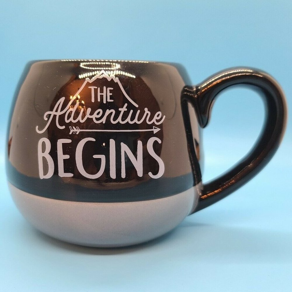 "The Adventure Begins" Jumbo Sized Coffee Mug Tea Cup Black Grey Gray Ceramic